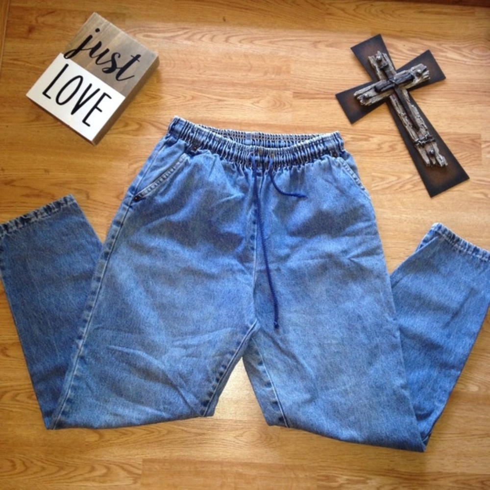 Mom jeans 90s Vintage Retro Denim Drawstring Highwaist Jeans‎